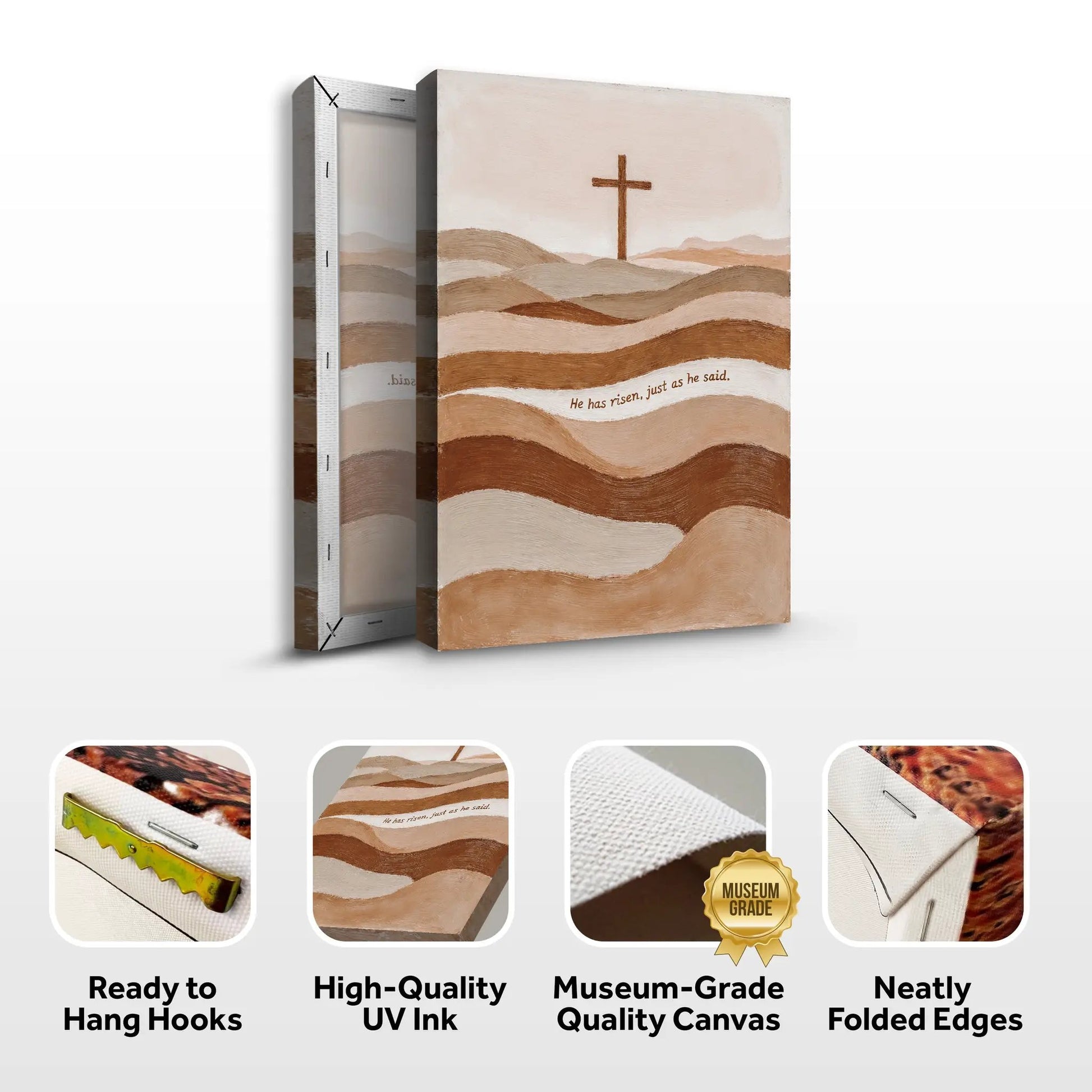 Canvas He Has Risen Just As He Said Faith Sign by Tailored Canvases with hills and cross on Tampa Home & Garden Store