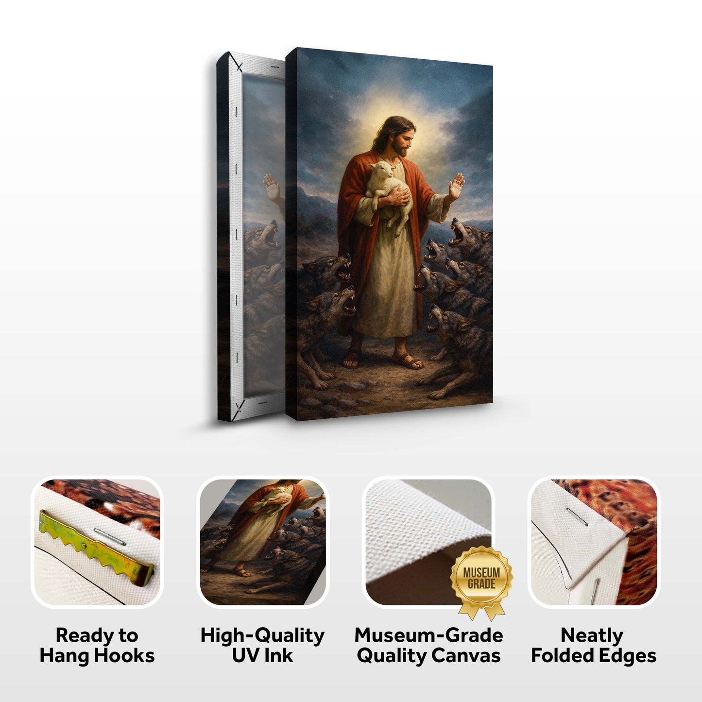 Canvas art Jesus protects lamb from wolves Faith Wall Art V, red-robed Jesus holding lamb as wolves on Tampa Home & Garden Store