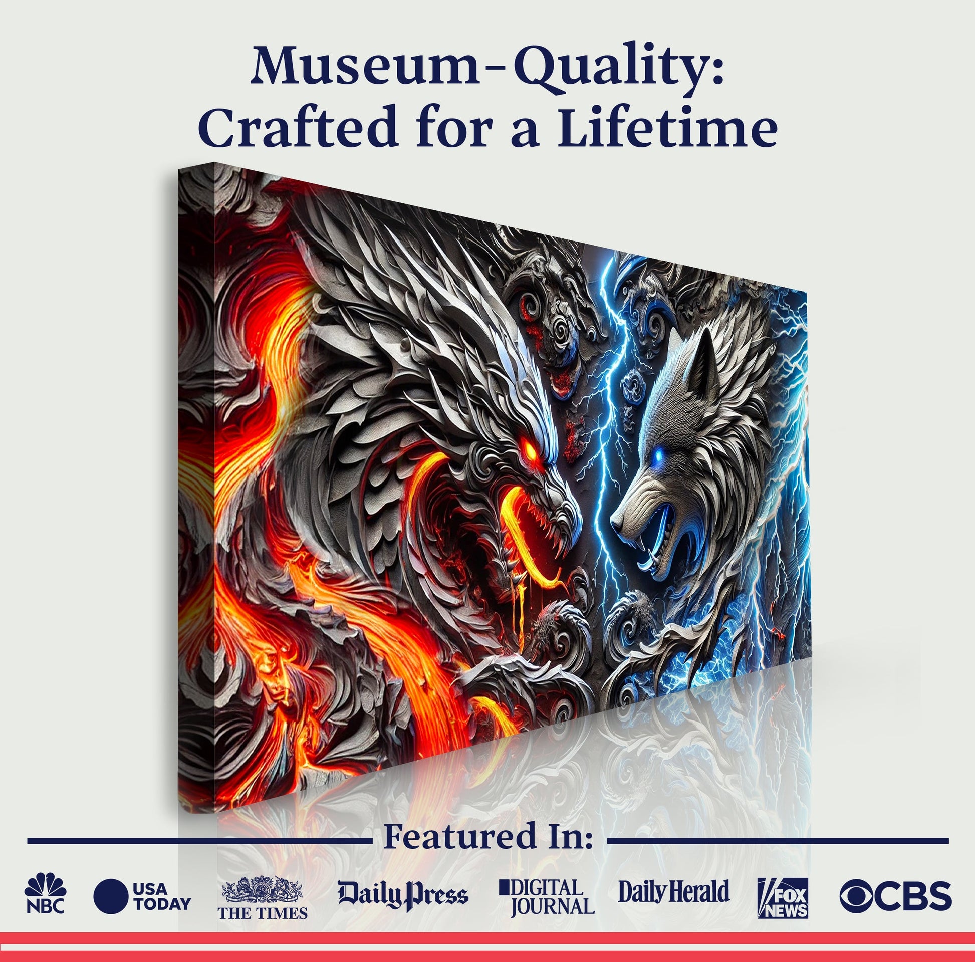 3D Dragon and Wolf Wall Art IV canvas by Tailored Canvases with fiery red and blue lightning on Tampa Home & Garden Store