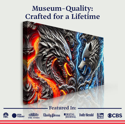 3D Dragon and Wolf Wall Art IV canvas by Tailored Canvases with fiery red and blue lightning on Tampa Home & Garden Store