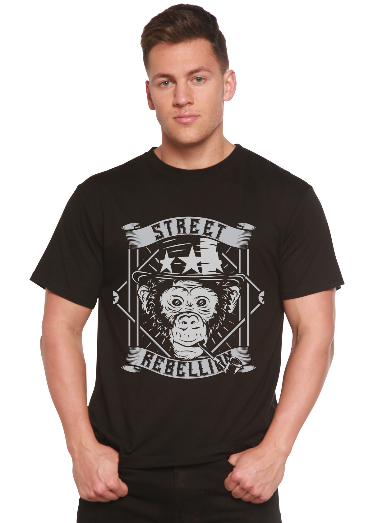 Street Men's Bamboo Viscose/Organic Cotton Tee black with ape print by Spun Bamboo on Tampa Home & Garden Store