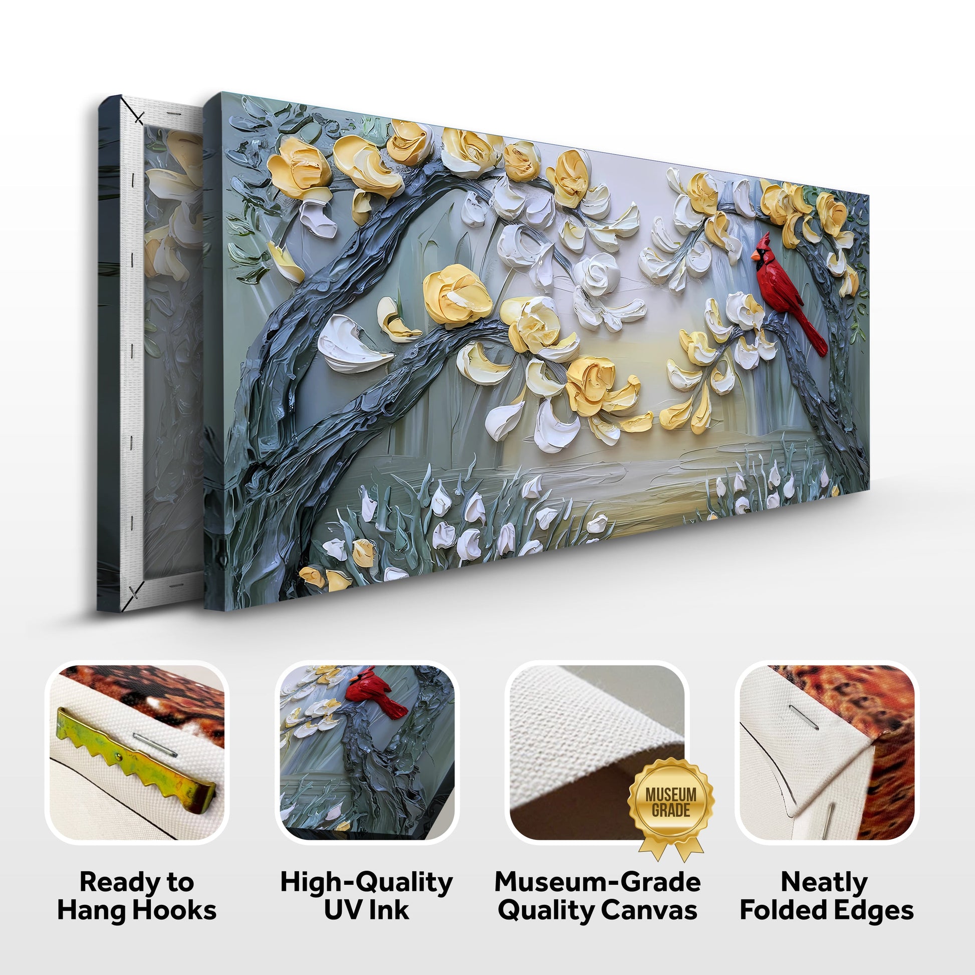Golden Petals and Scarlet Wings canvas wall art Cardinal on branch Tailored Canvases on Tampa Home & Garden Store