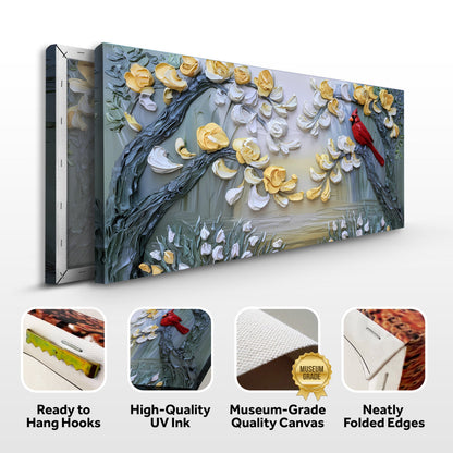 Golden Petals and Scarlet Wings canvas wall art Cardinal on branch Tailored Canvases on Tampa Home & Garden Store