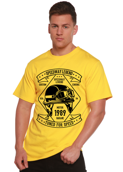 Speedway Legend Spun Bamboo men's yellow short sleeve graphic tee with black helmet print on Tampa Home & Garden Store