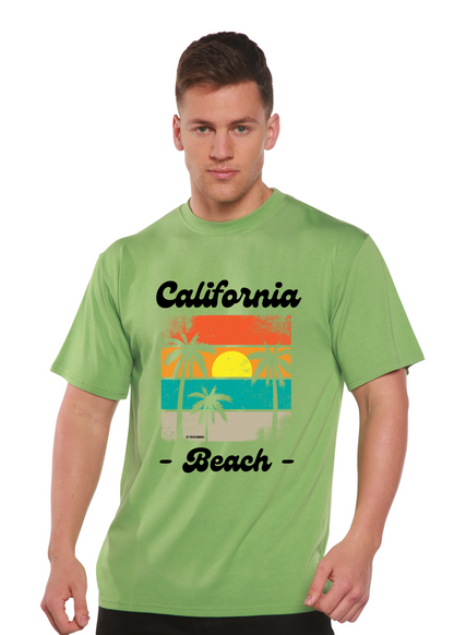 Graphic T-shirt California Beach by Spun Bamboo in light green with palm sunset on Tampa Home & Garden Store