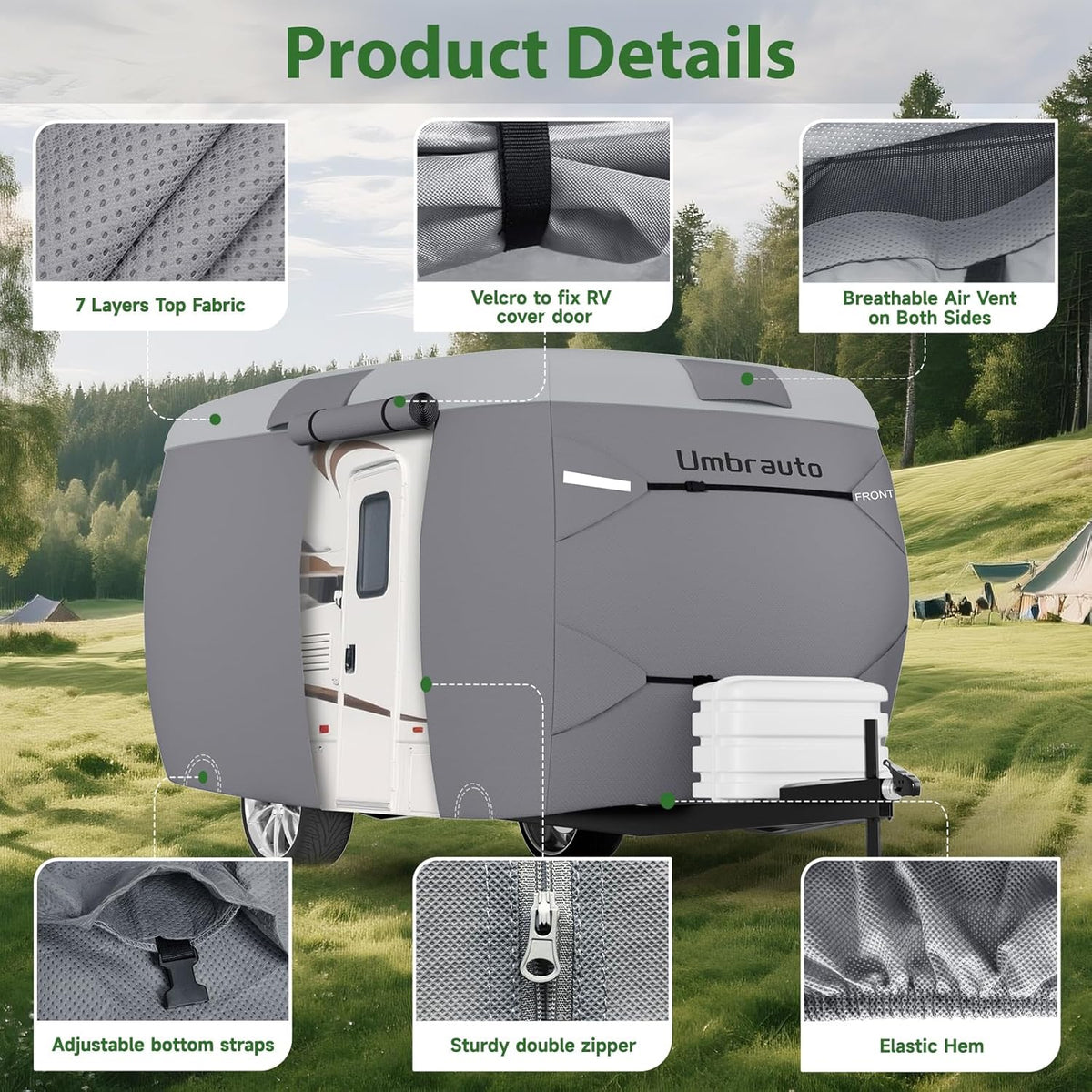Umbrauto 7-Layer Top Fabric Fiberglass Travel Trailer Cover with adjustable bottom straps on Tampa Home & Garden Store