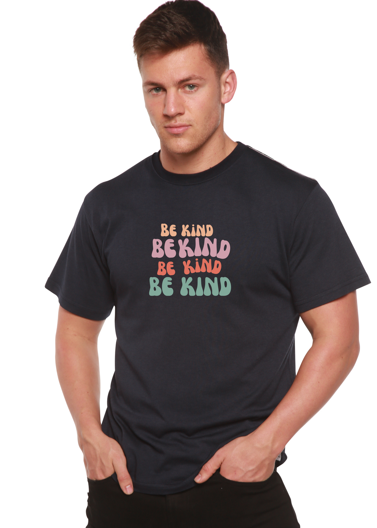 Be Kind bamboo viscose/organic cotton short sleeve graphic tee in black with colorful text on Tampa Home & Garden Store