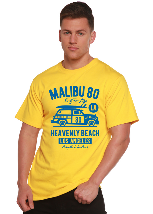 Malibu 80 men's bamboo viscose/organic cotton graphic tee in yellow with blue print by Spun Bamboo on Tampa Home & Garden Store