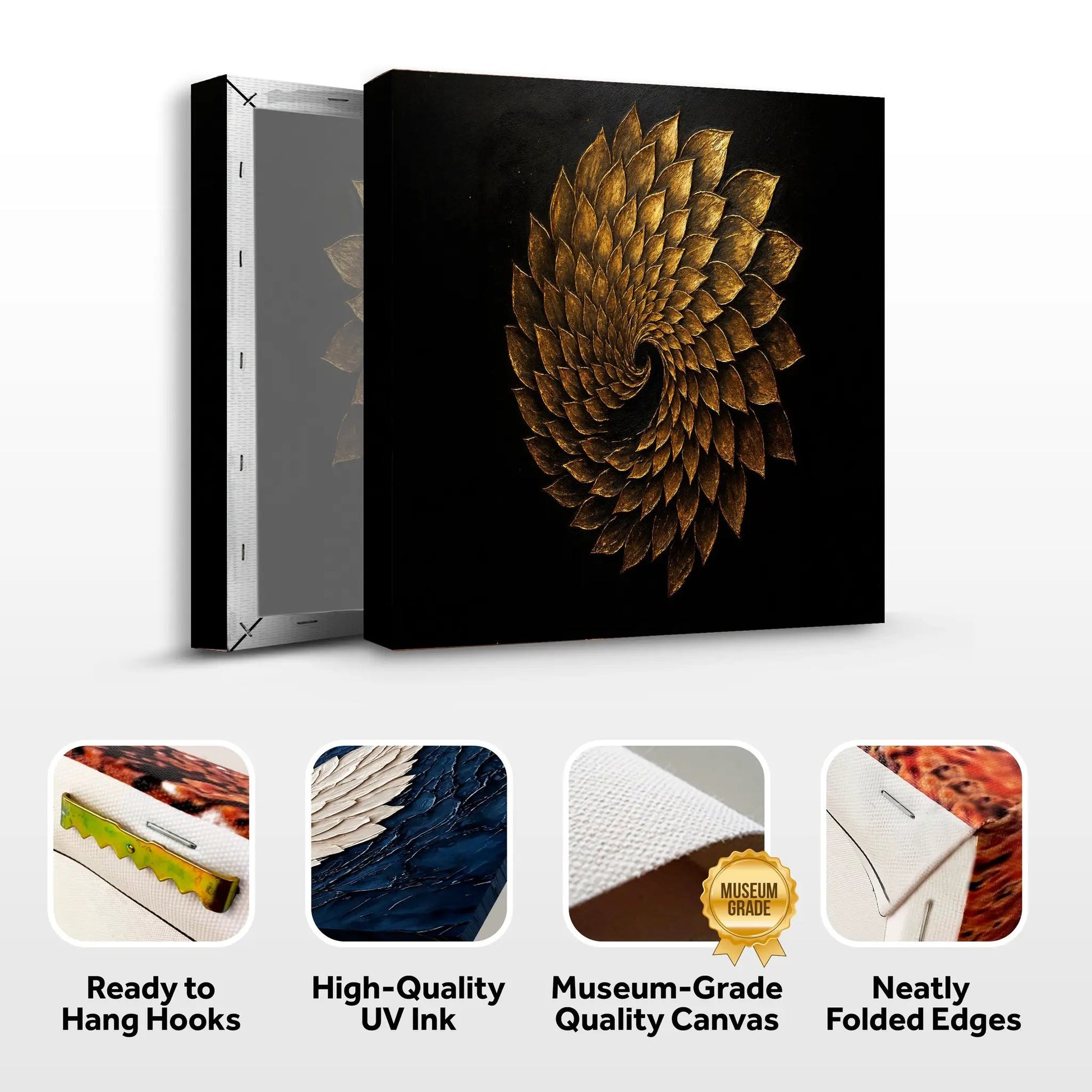 Winged Harmony Abstract Wall Art canvas by Tailored Canvases with gold spiral on black canvas on Tampa Home & Garden Store