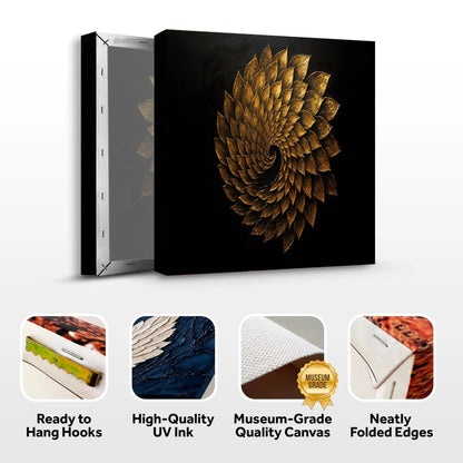 Winged Harmony Abstract Wall Art canvas by Tailored Canvases with gold spiral on black canvas on Tampa Home & Garden Store