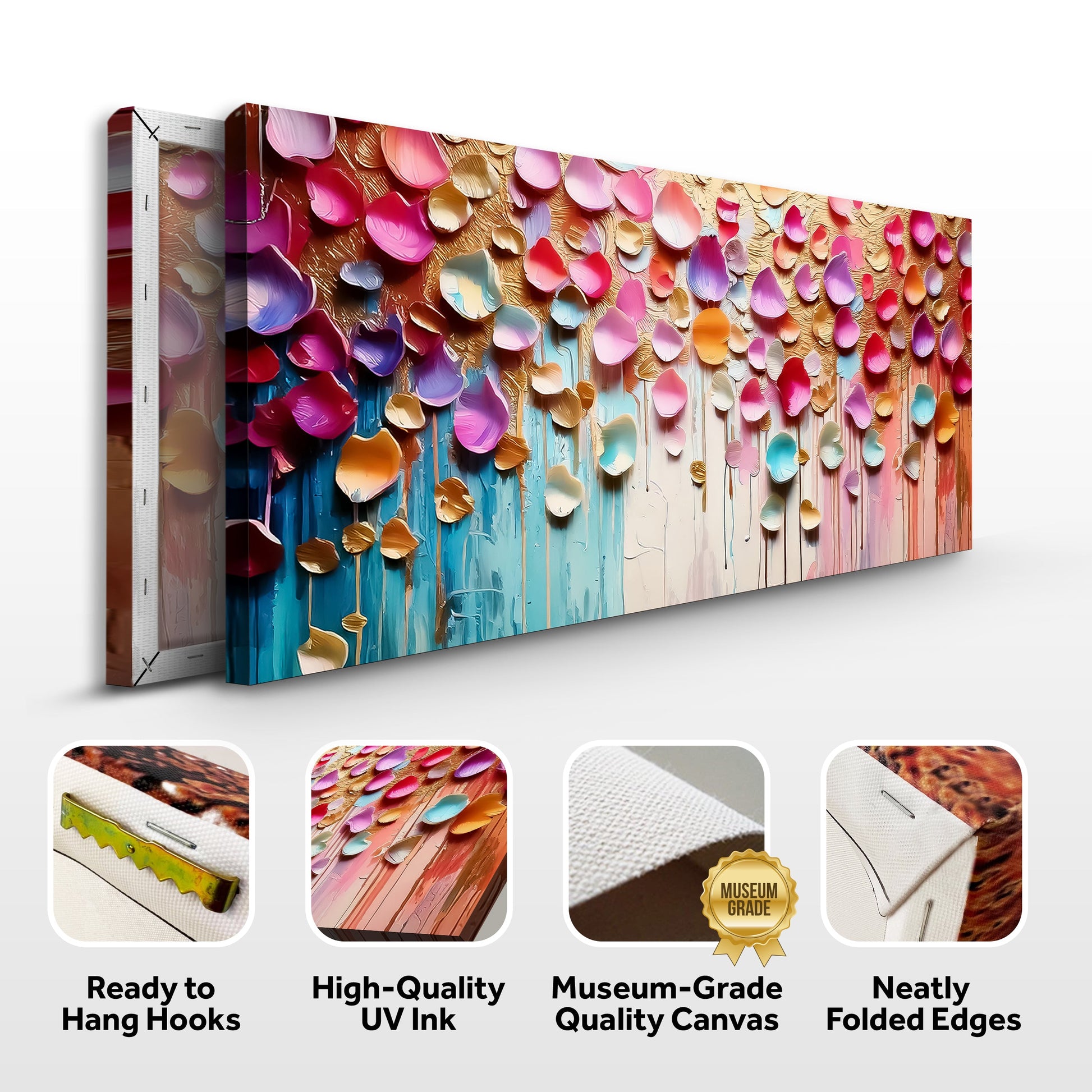 Vibrant Petals Wall Art canvas triptych by Tailored Canvases, bright multicolored petals on Tampa Home & Garden Store