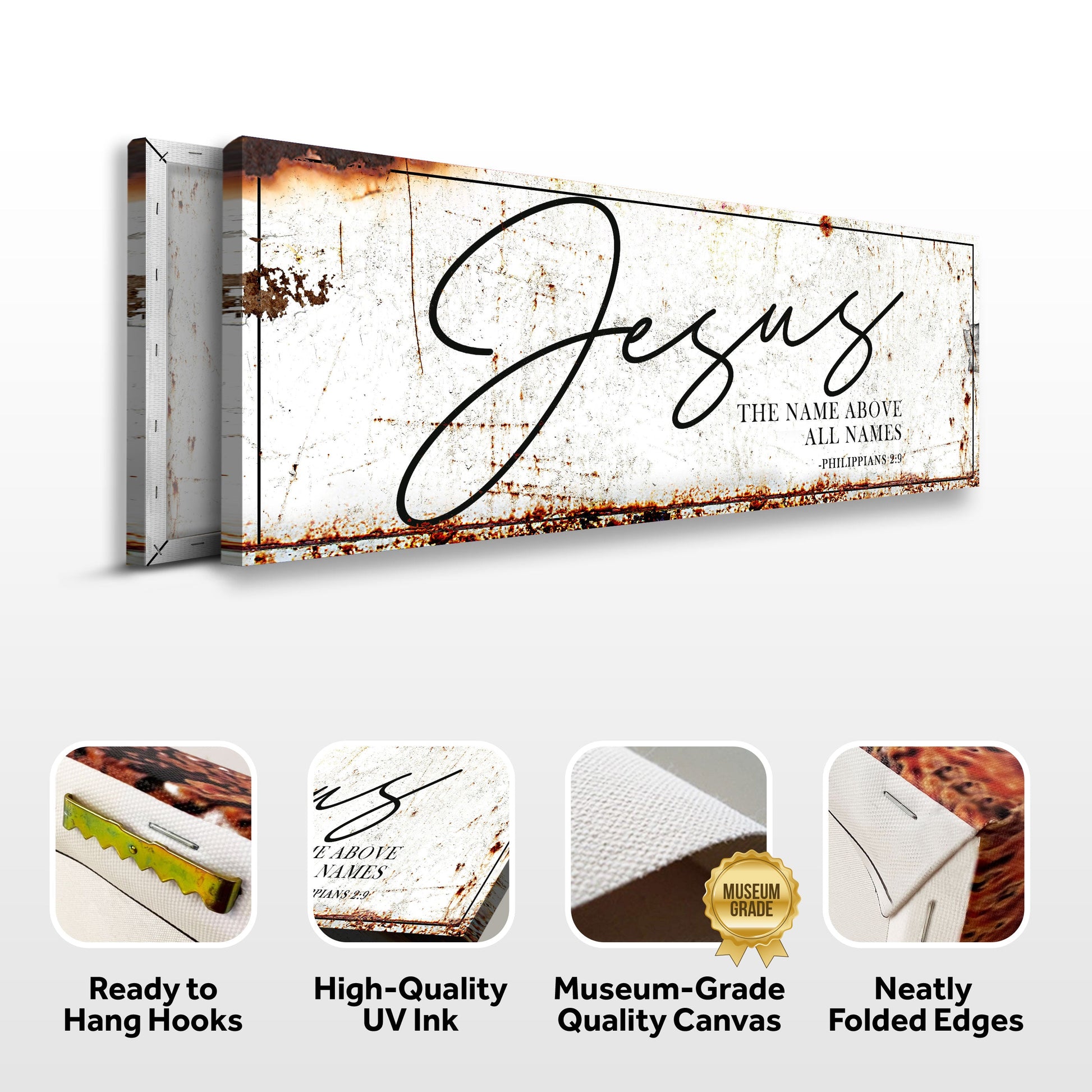 Canvas sign Jesus The Name Above All Names Faith Sign II by Tailored Canvases, white with rust on Tampa Home & Garden Store