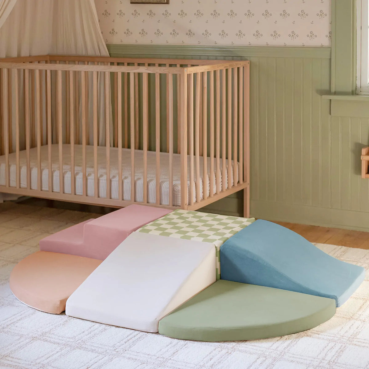 PlayNest Climbing Blocks Morandi by Tiny Land INC pastel foam play mats in a nursery setting on Tampa Home & Garden Store