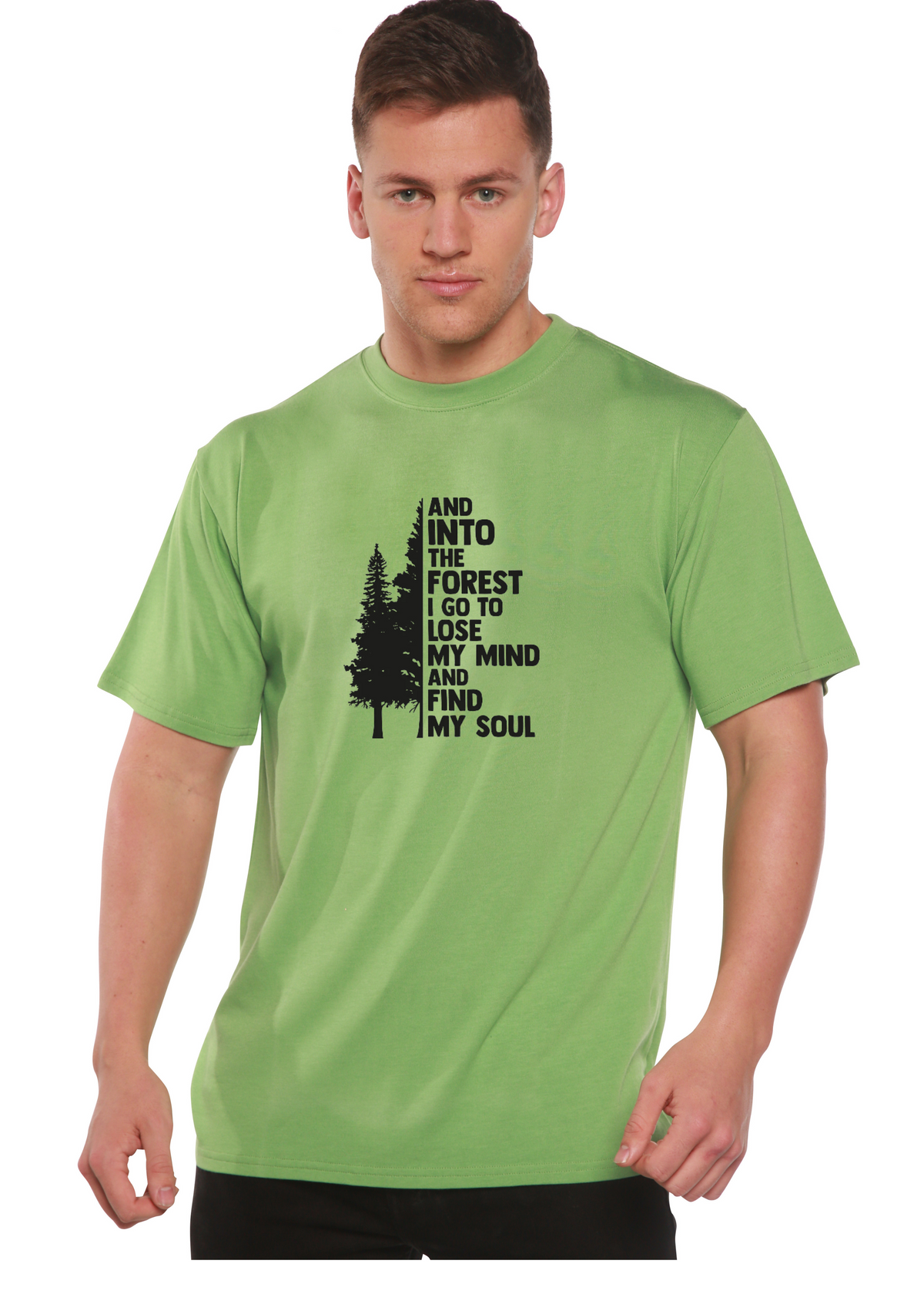 Mens bamboo viscose organic cotton tee lime green with forest trees and And Into The Forest I Go on Tampa Home & Garden Store