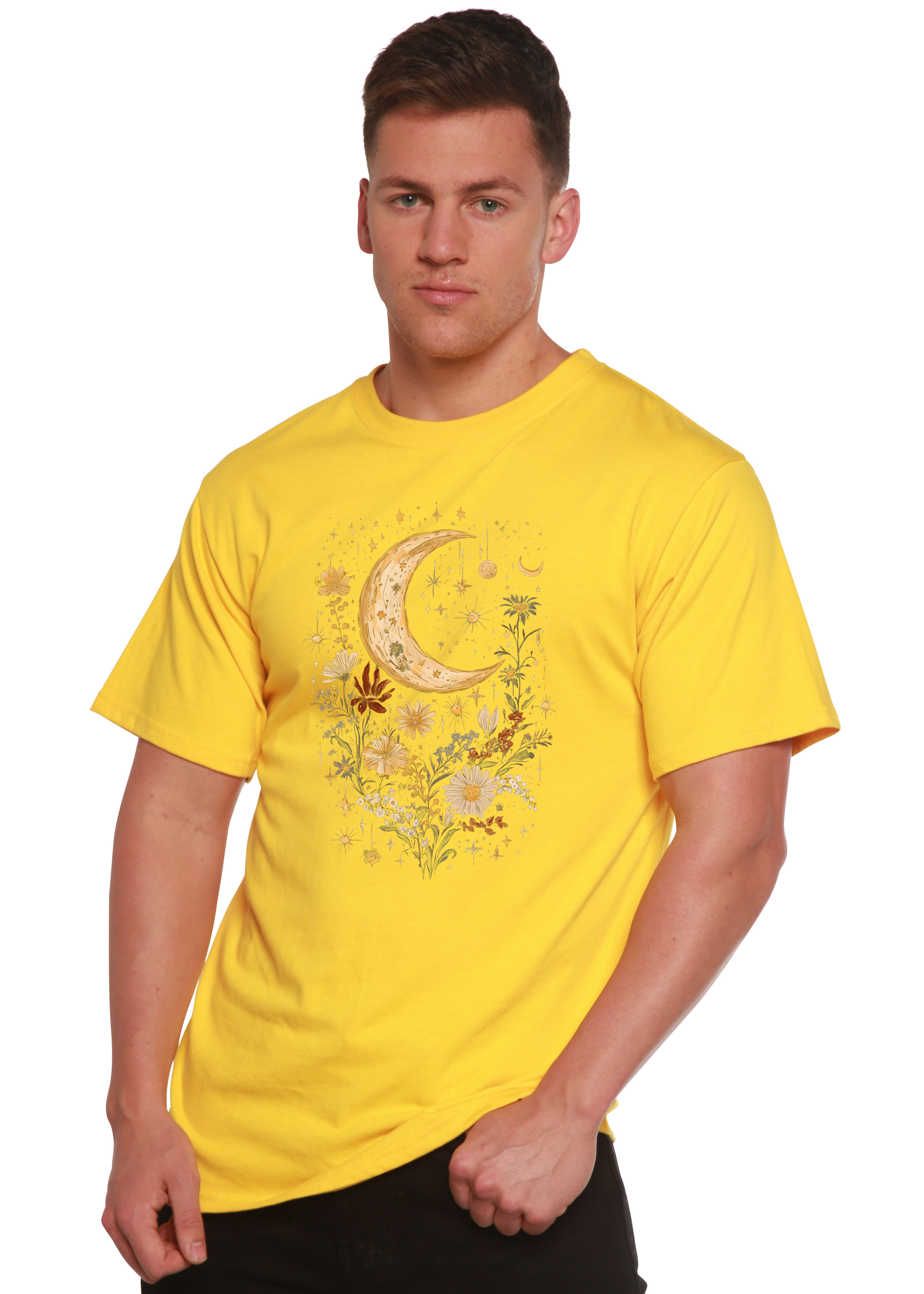 Celestial Moon Boho Flowers graphic T shirt unisex bamboo cotton yellow by Spun Bamboo on Tampa Home & Garden Store