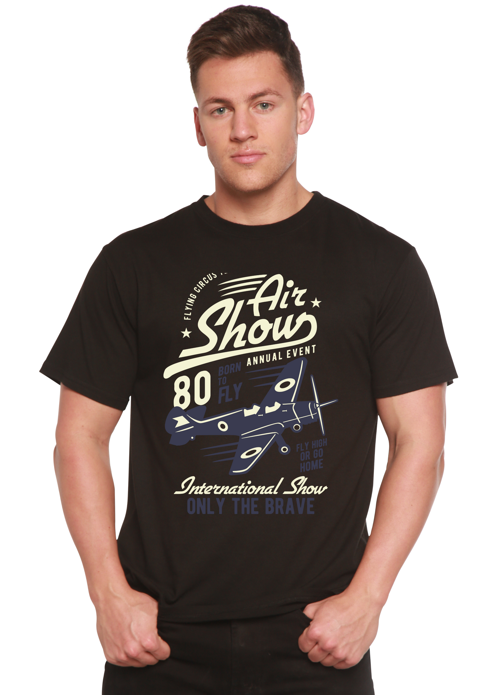 Air Show men's bamboo viscose/organic cotton tee black with airplane print Spun Bamboo on Tampa Home & Garden Store
