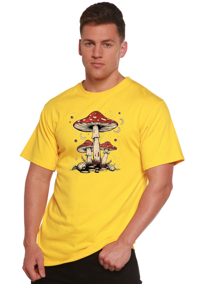 Mens yellow graphic T-shirt with boho mushroom print, Spun Bamboo bamboo/cotton tee on Tampa Home & Garden Store