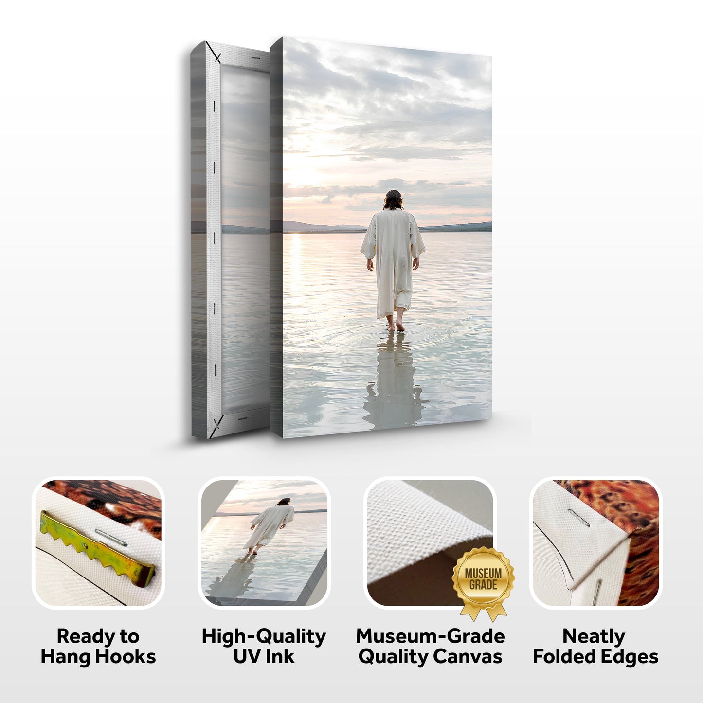 Reflections Faith XV canvas 3-panel by Tailored Canvases, serene figure in white robe at sunset on Tampa Home & Garden Store