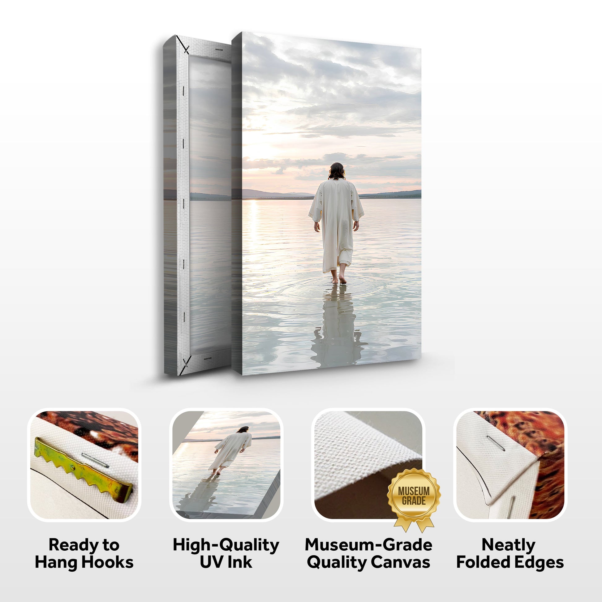 Reflections Faith XV canvas 3-panel by Tailored Canvases, serene figure in white robe at sunset on Tampa Home & Garden Store