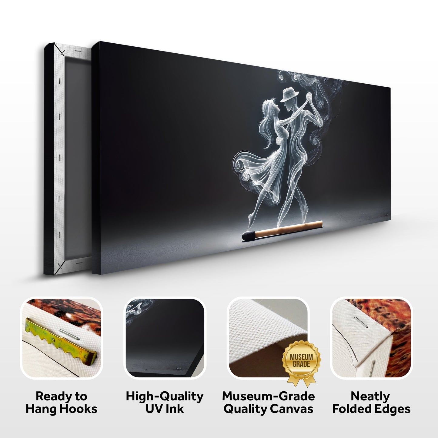 Modern Abstract Couple Dance Canvas wall art with smoky white figures on black background on Tampa Home & Garden Store