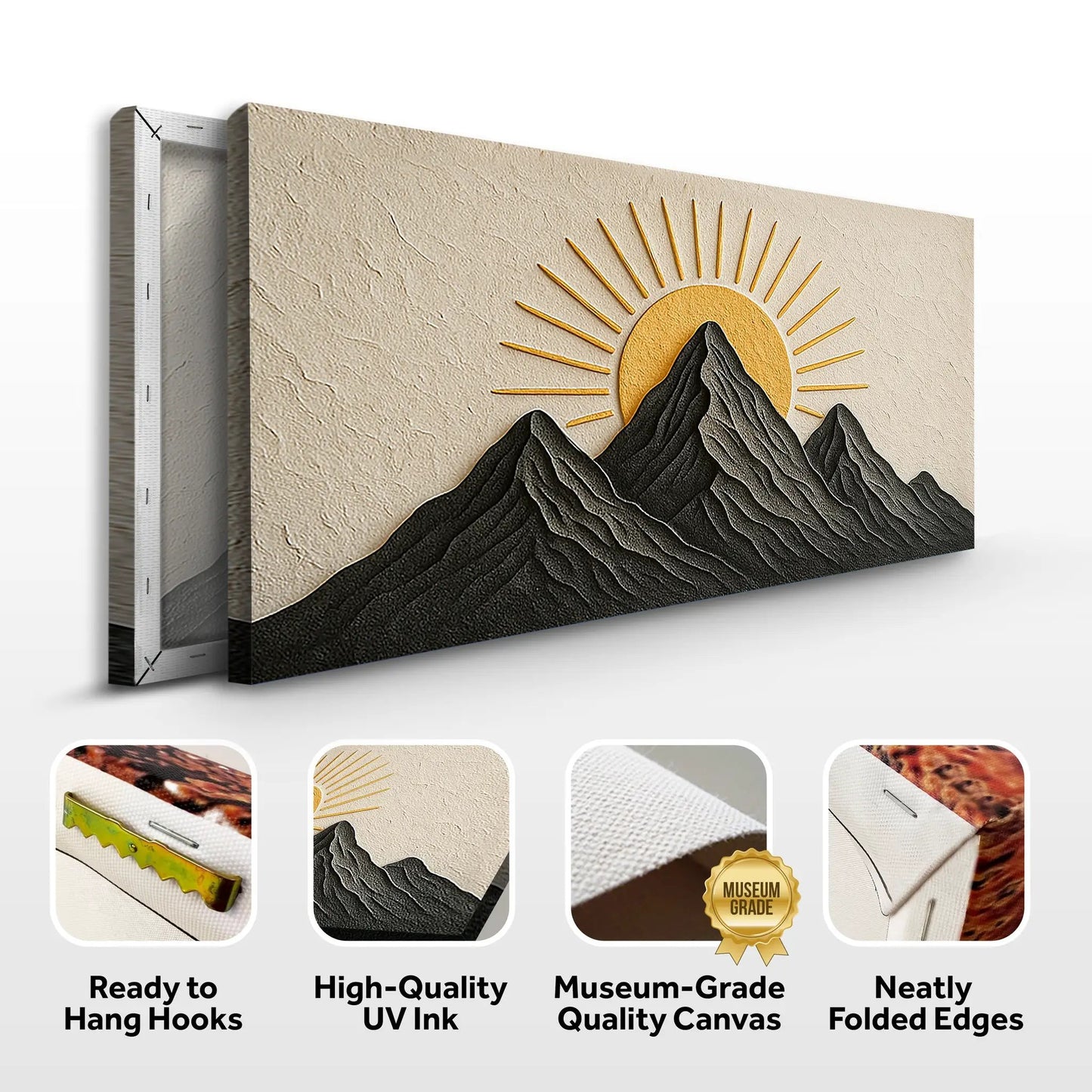 Canvas Mountain Majesty Wall Art by Tailored Canvases with beige and golden sun over mountains on Tampa Home & Garden Store