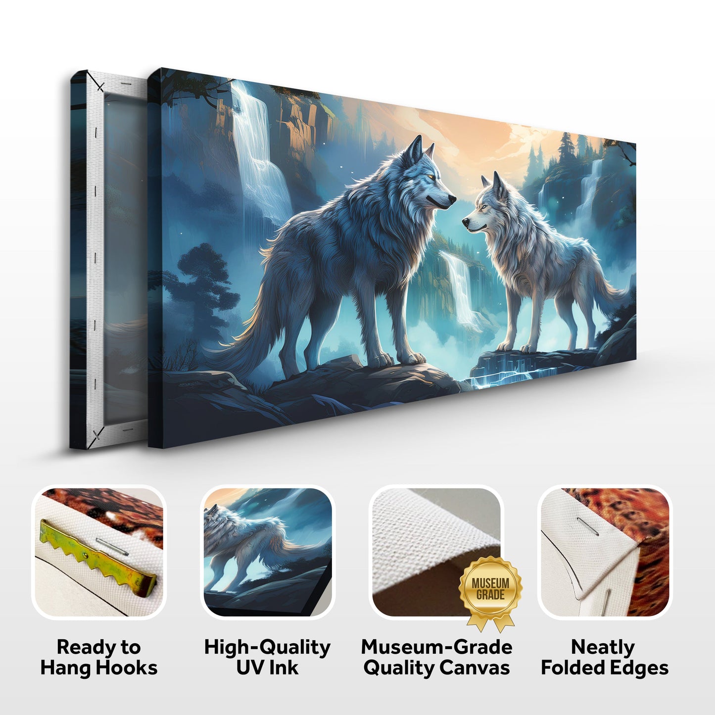 3D Wolves Wall Art IV canvas by Tailored Canvases, two blue wolves beside a waterfall on Tampa Home & Garden Store