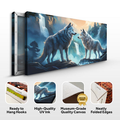3D Wolves Wall Art IV canvas by Tailored Canvases, two blue wolves beside a waterfall on Tampa Home & Garden Store
