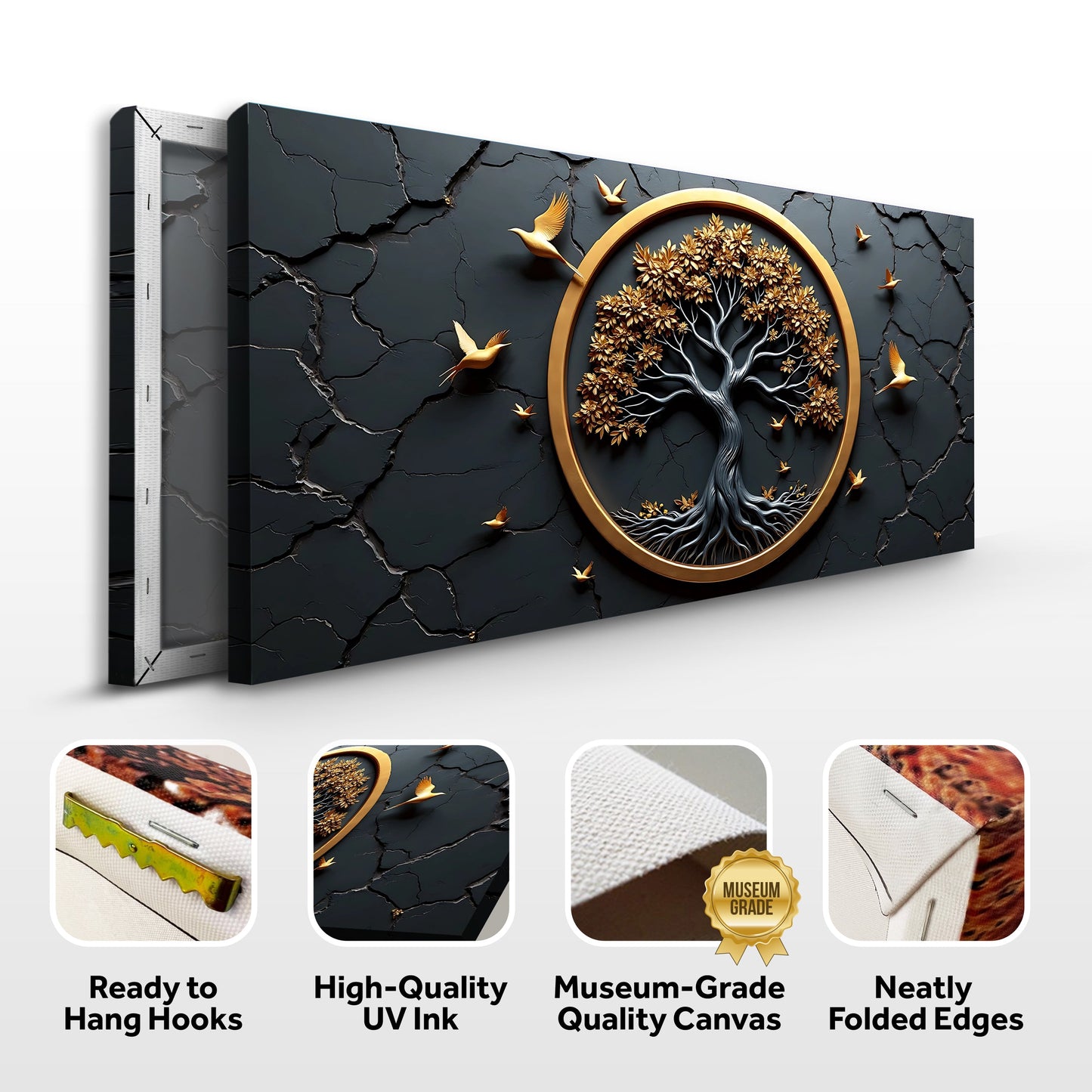 3D Celtic Tree of Life Canvas with gold frame on cracked black backdrop Tailored Canvases on Tampa Home & Garden Store