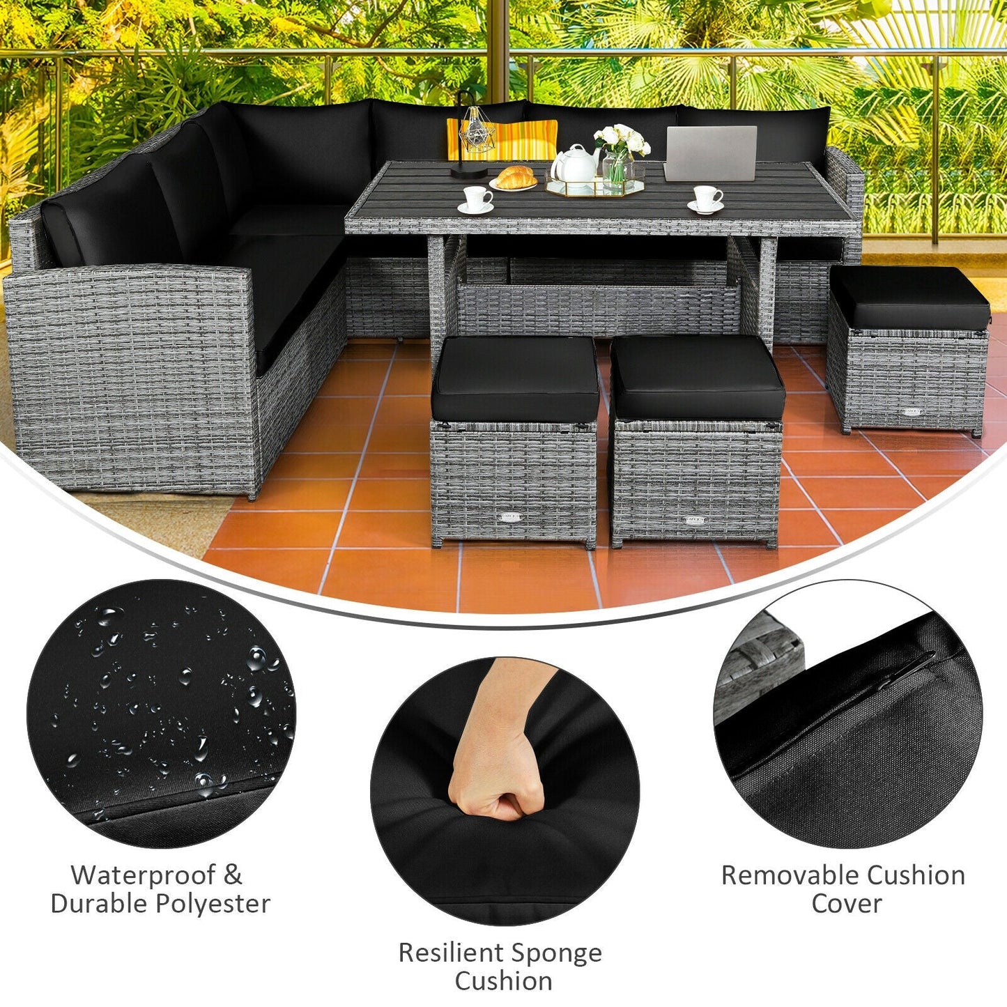 Juego de muebles seccionales de ratán para patio de 7 piezas con otomana de mimbre, color negro