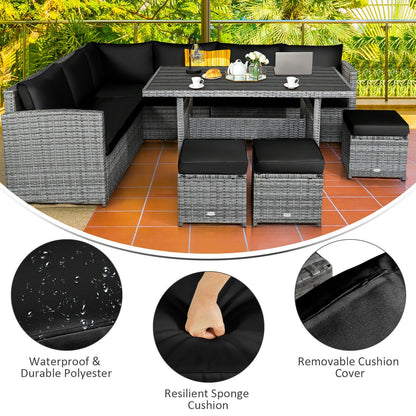 Juego de muebles seccionales de ratán para patio de 7 piezas con otomana de mimbre, color negro