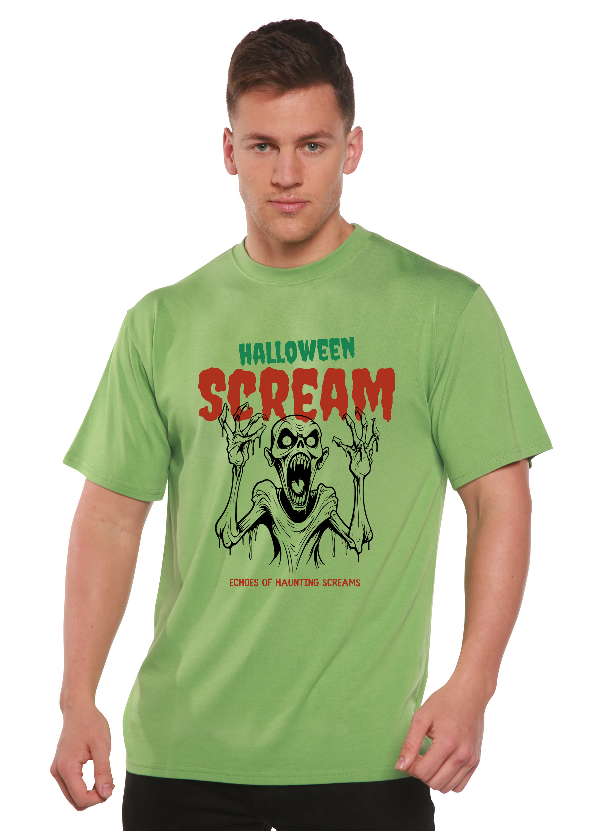 Halloween Scream men's lime green bamboo viscose/organic cotton graphic tee on Tampa Home & Garden Store