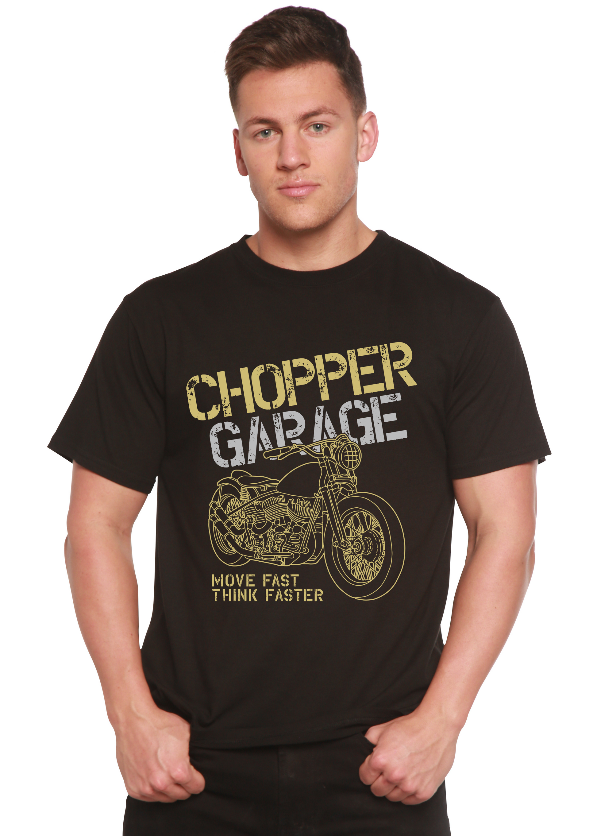 Chopper Garage men's bamboo viscose/organic cotton tee with motorcycle graphic print on Tampa Home & Garden Store