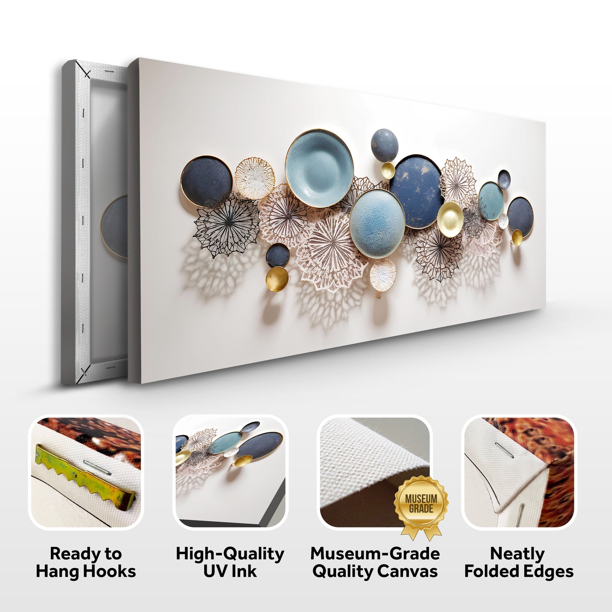 Lotus Leaf Abstract Wall Art III canvas; blue teal and gold circular discs with lace patterns on white on Tampa Home & Garden Store