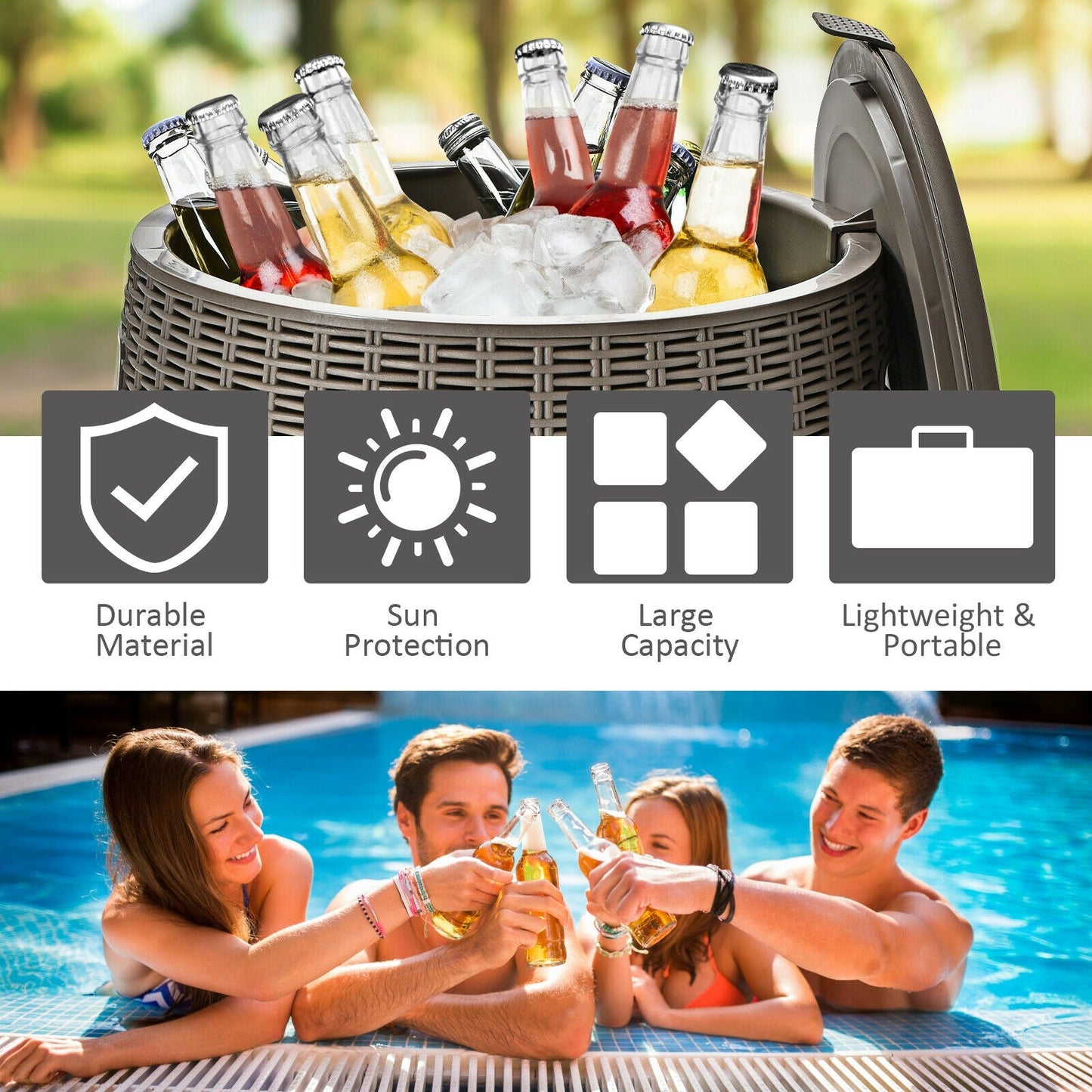 9.5 Gallon 4-in-1 Rattan Cooler Bar by GemGear filled with bottles and ice, poolside scene on Tampa Home & Garden Store