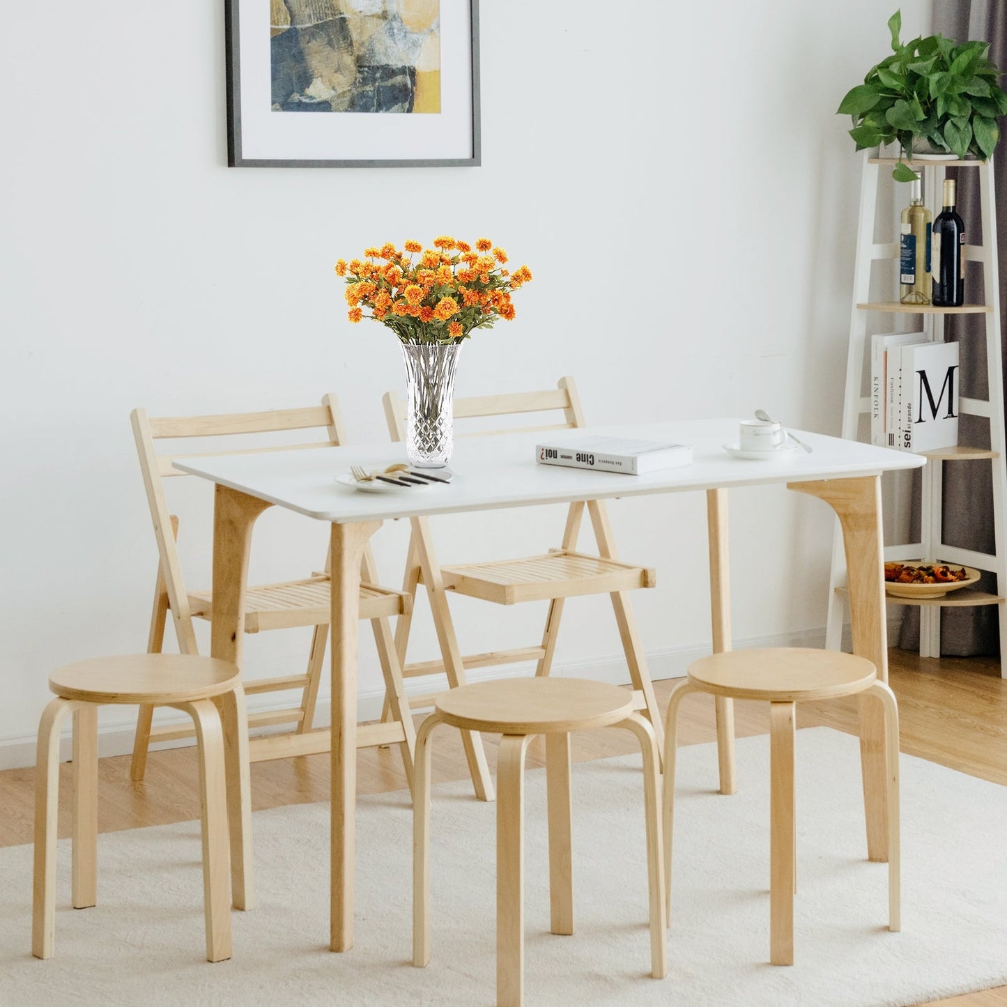 Juego de 4 sillas de comedor sin respaldo de madera de 18 pulgadas para el hogar - Natural