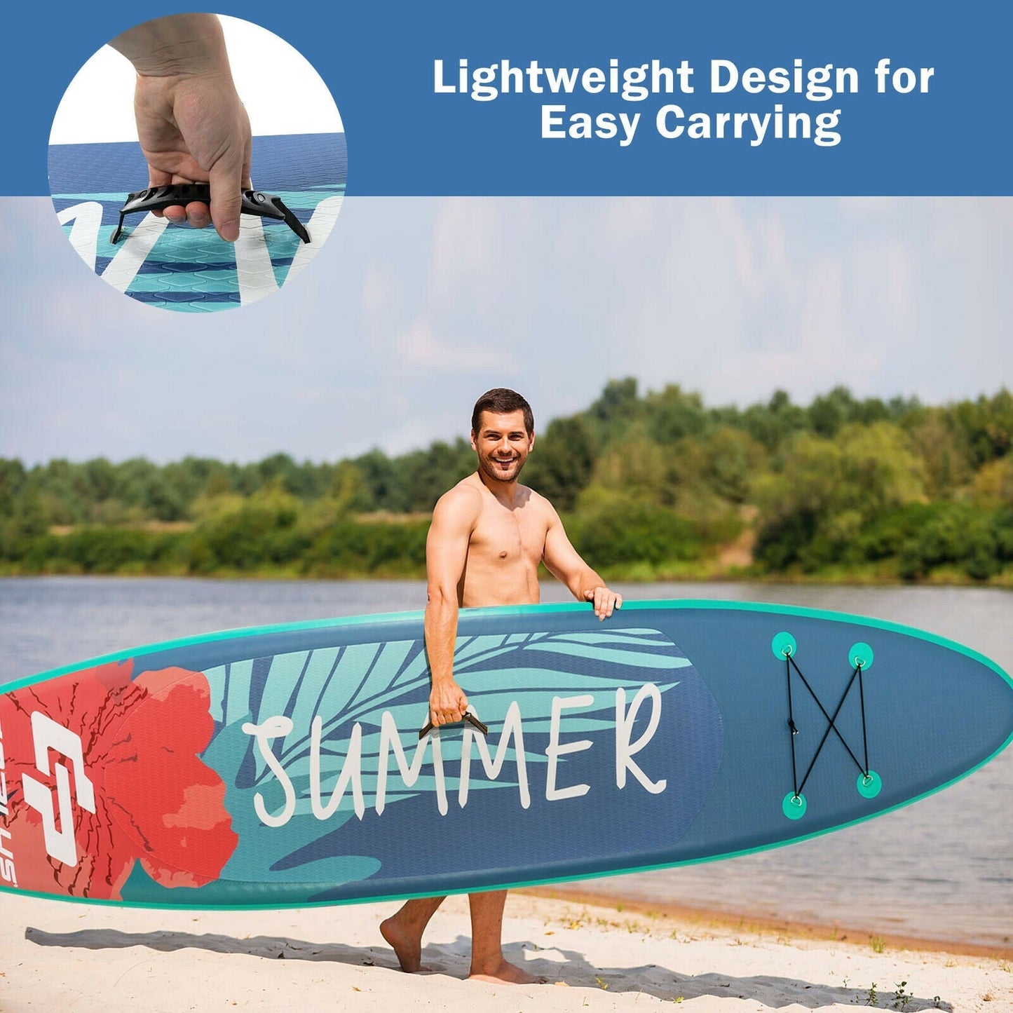 10 ft inflatable stand up paddleboard with bold blue graphics carried on a sandy beach on Tampa Home & Garden Store