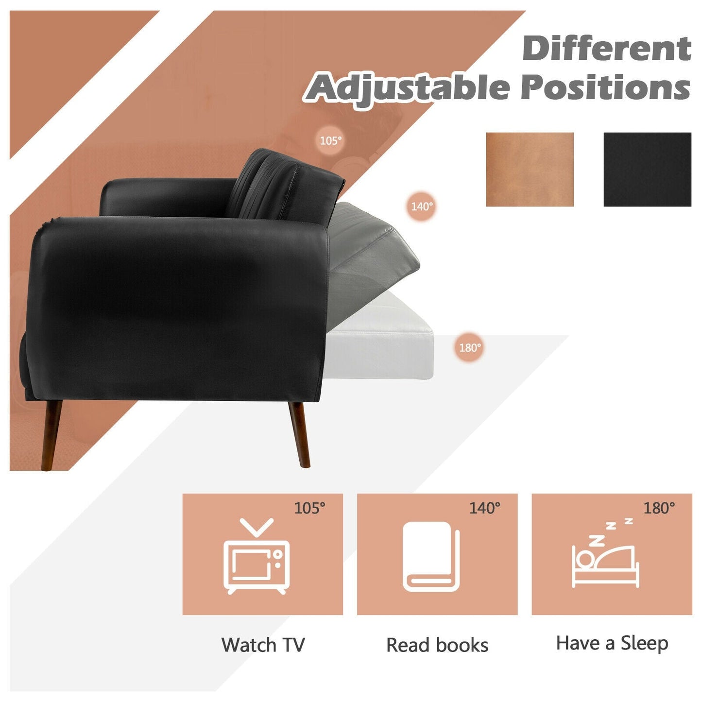 Sofá Cama Convertible de 3 Plazas con Respaldo Ajustable para Sala de Estar - Negro
