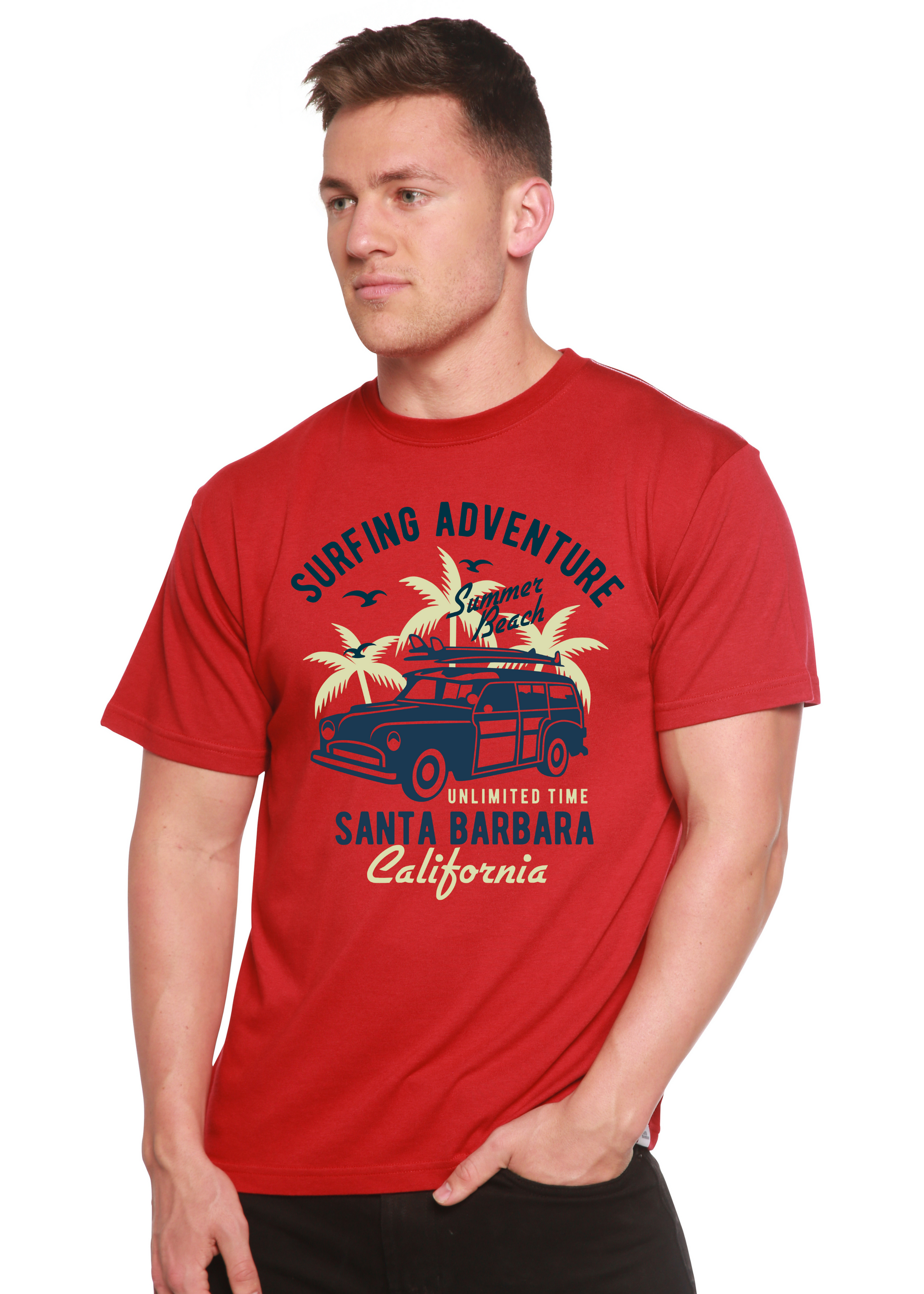 Spun Bamboo men's red short sleeve graphic T-shirt with surfing adventure palm van print on Tampa Home & Garden Store