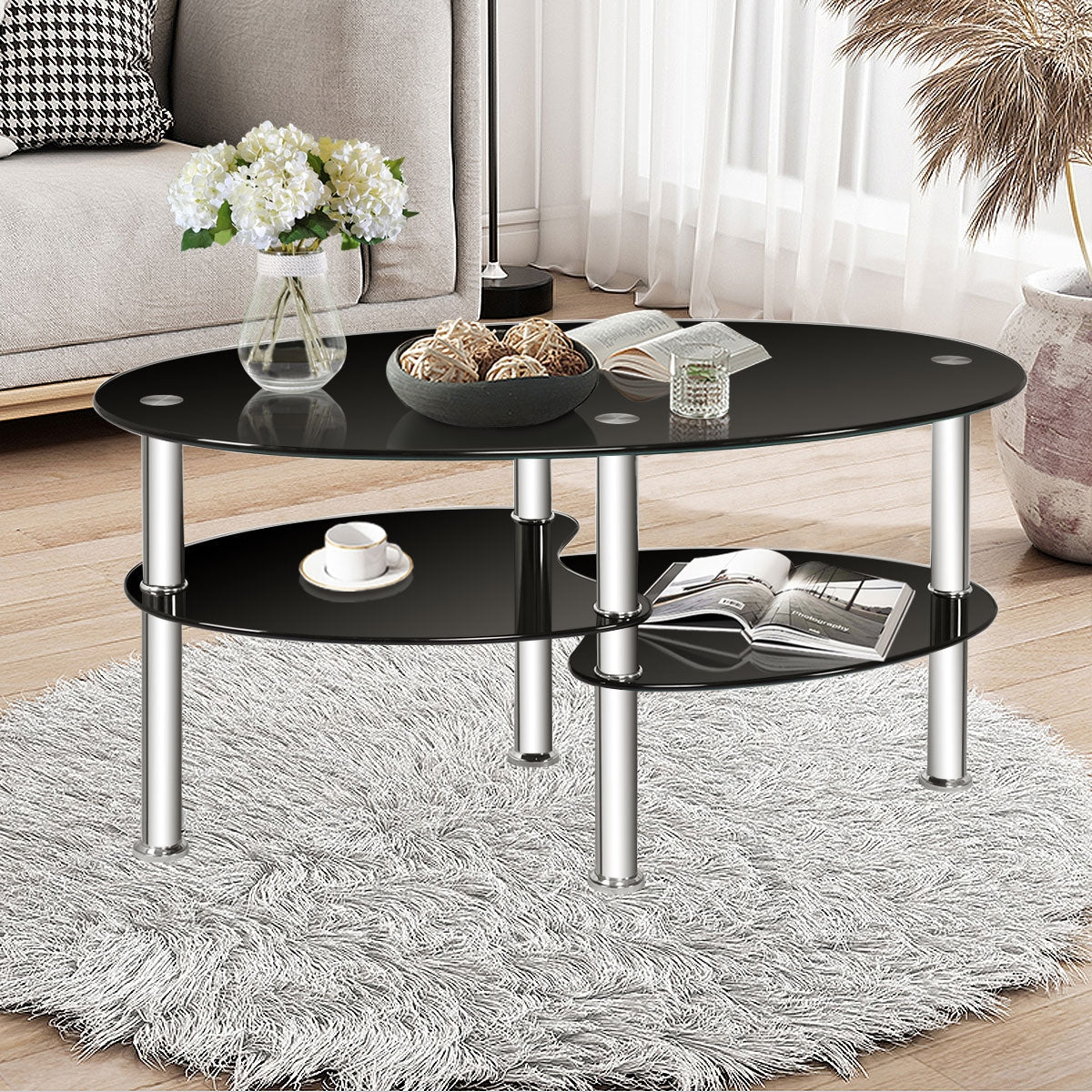 Mesa auxiliar de centro ovalada de cristal templado - Negra