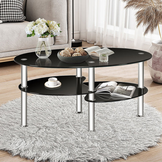 Tempered Glass Oval Side Coffee Table-Black - Tampa Home & Garden Store