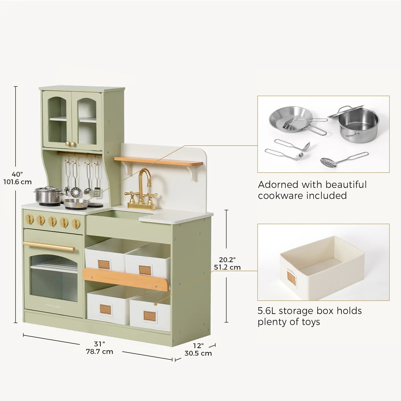 Tiny Land INC wooden play kitchen with storage sage green includes cookware on Tampa Home & Garden Store