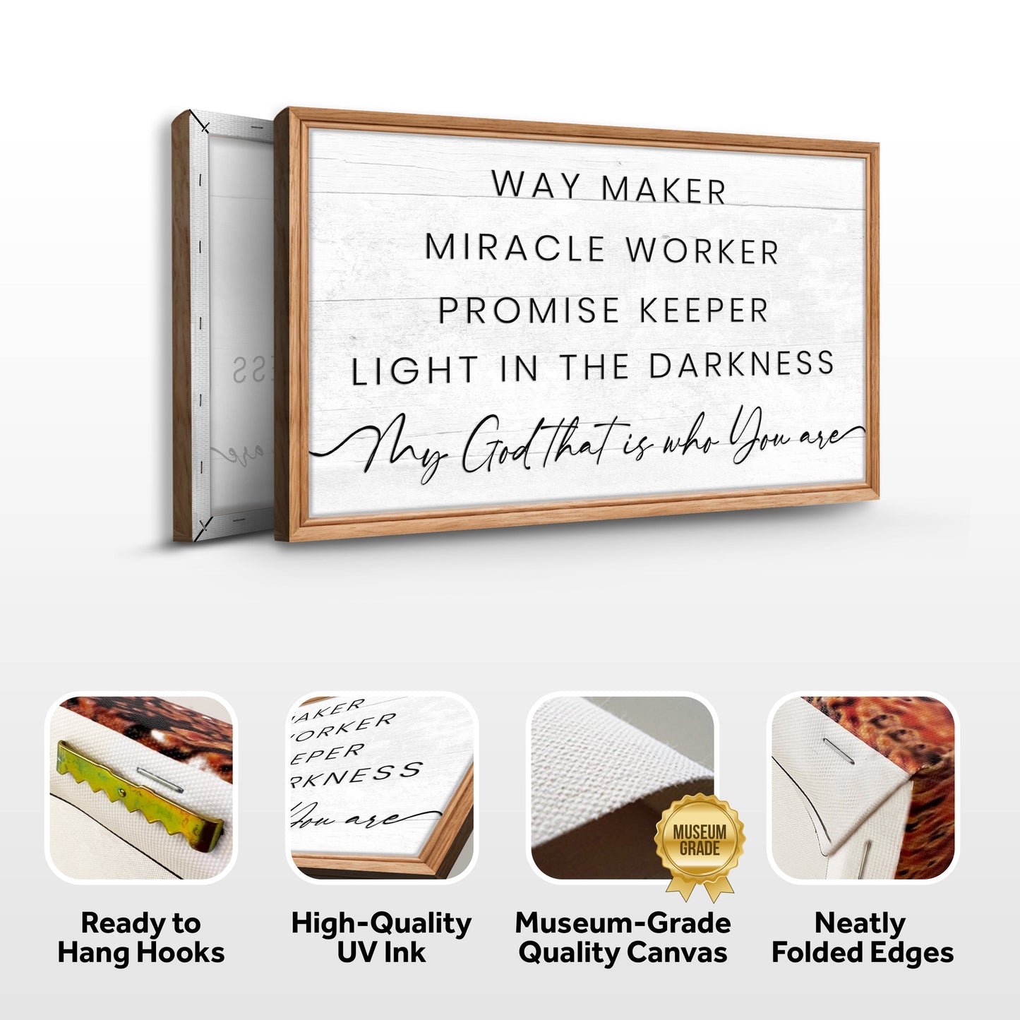 My God Way Maker Miracle Worker Faith Sign with white distressed background and wood frame on Tampa Home & Garden Store