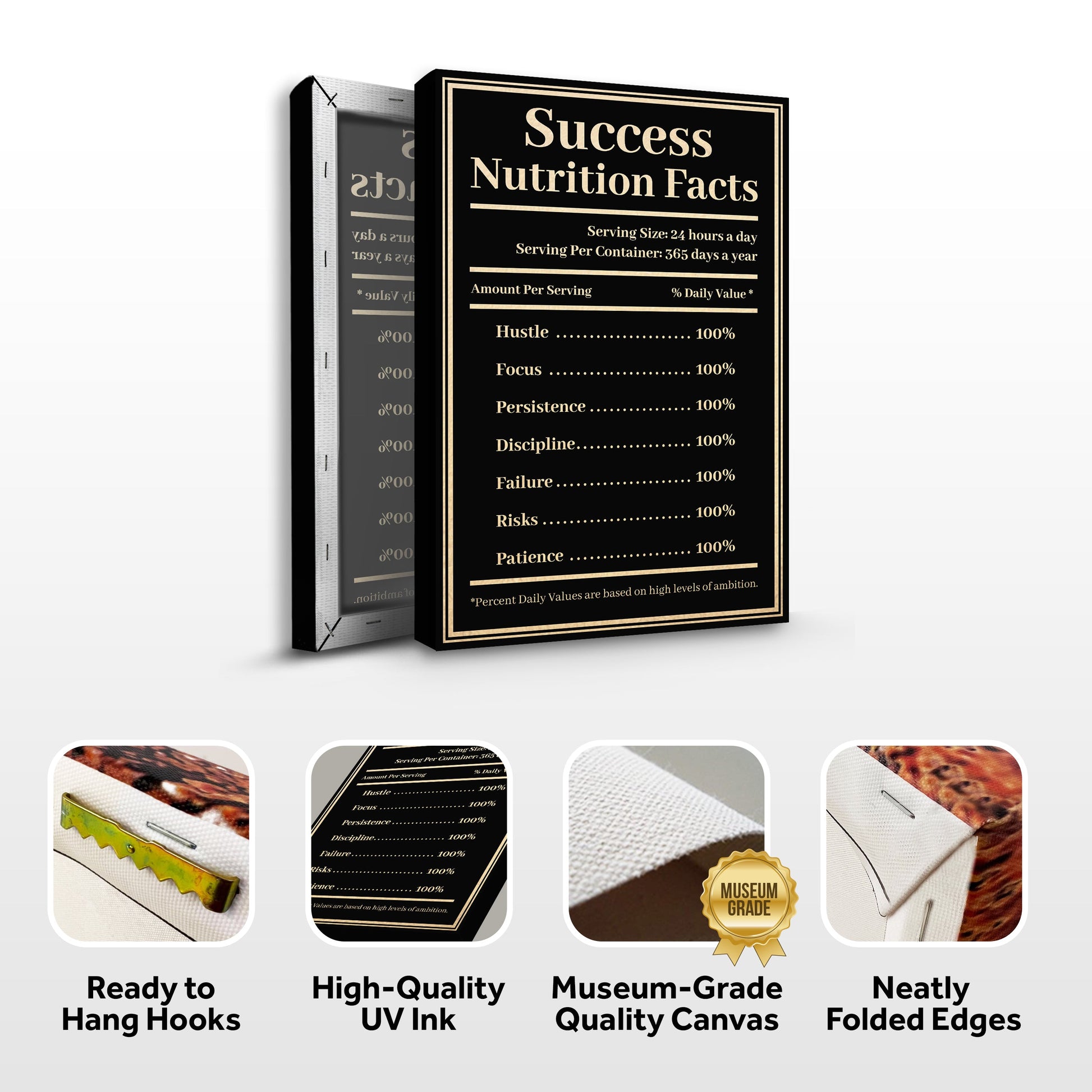 Canvas wall sign Ingredients For Success by Tailored Canvases, black with gold frame on Tampa Home & Garden Store
