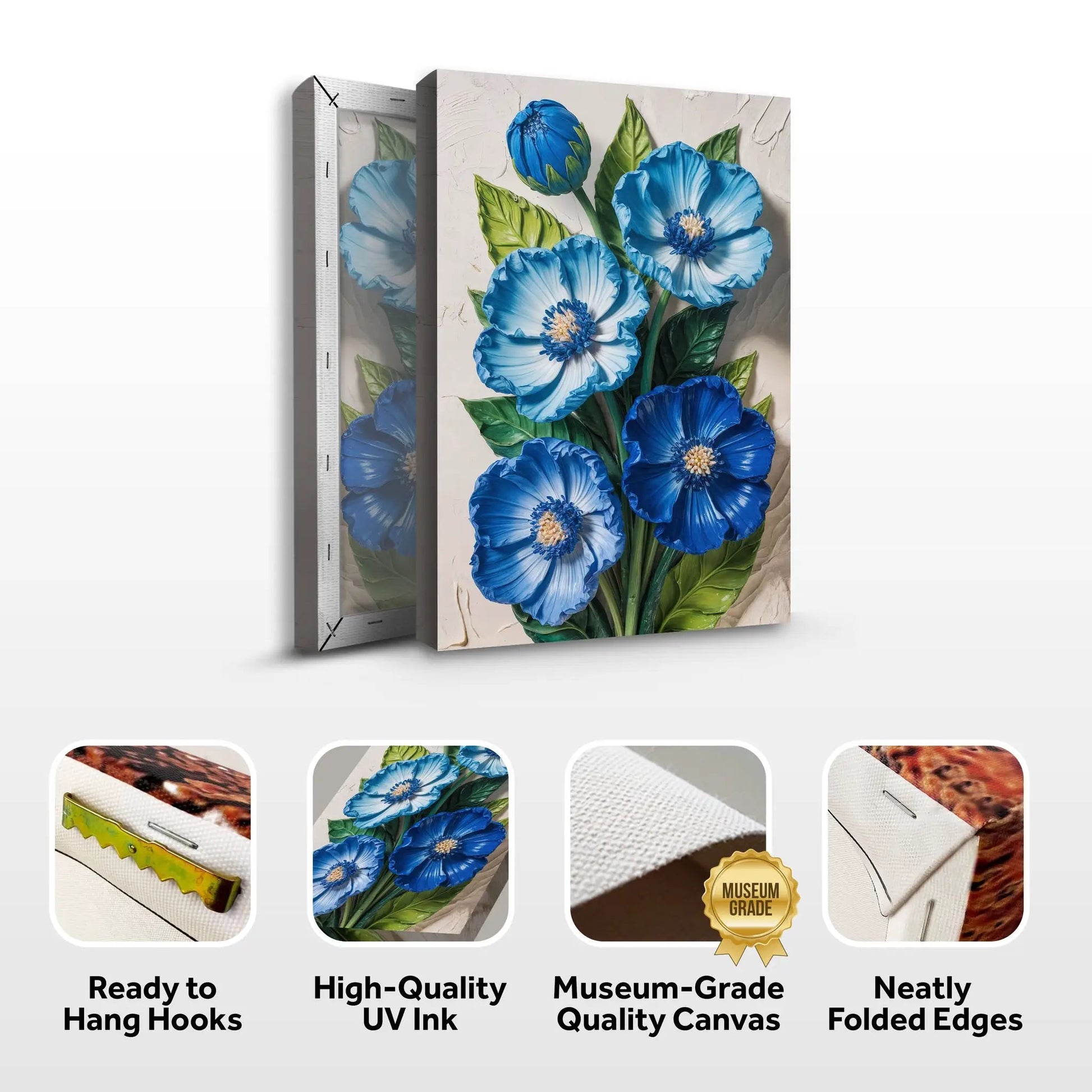 Blue Blossom Bouquet Wall Art canvas by Tailored Canvases with blue petals and green leaves on Tampa Home & Garden Store
