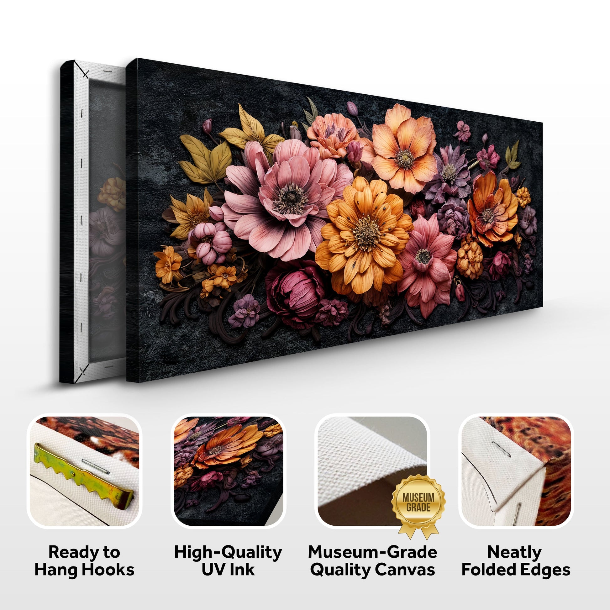 Canvas wall art Floral Realistic by Tailored Canvases with vibrant flowers on dark background on Tampa Home & Garden Store