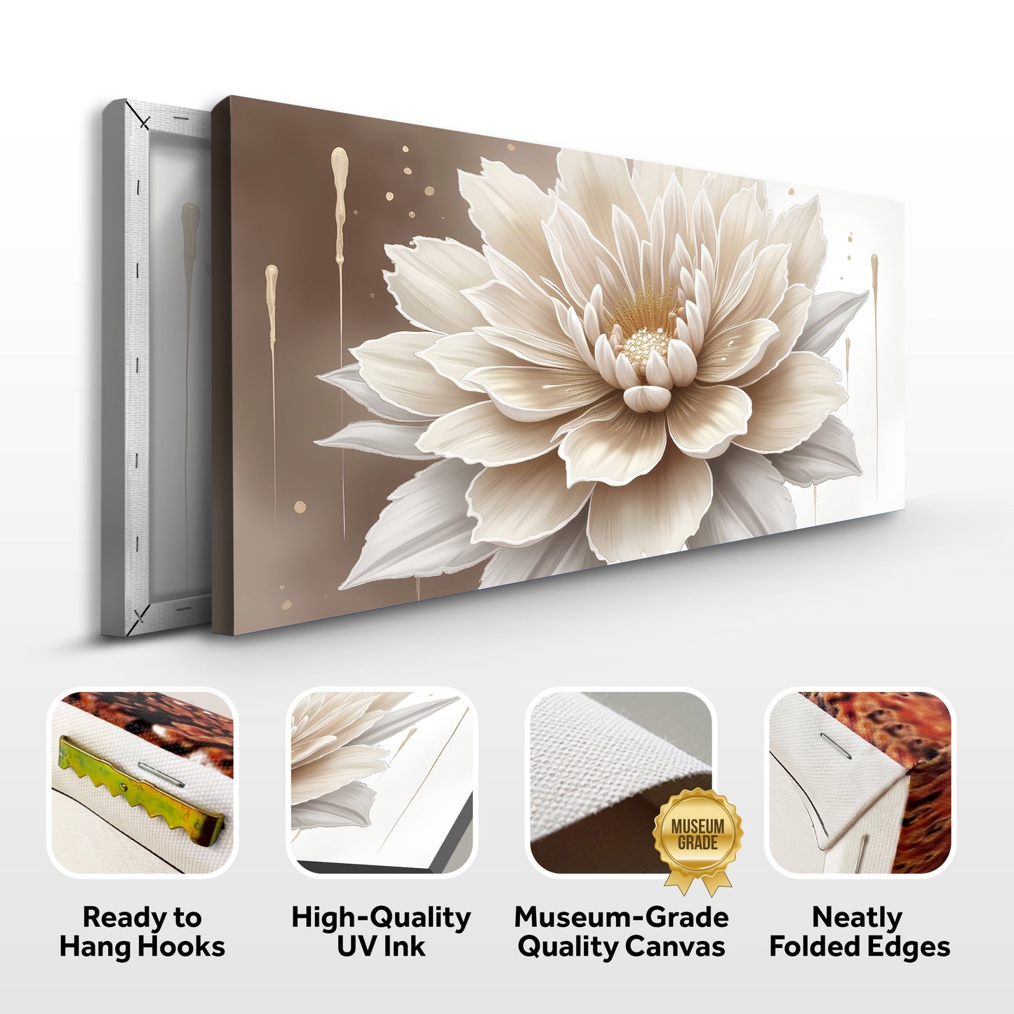 Beige flower abstract canvas by Tailored Canvases on brown background, ready to hang on Tampa Home & Garden Store