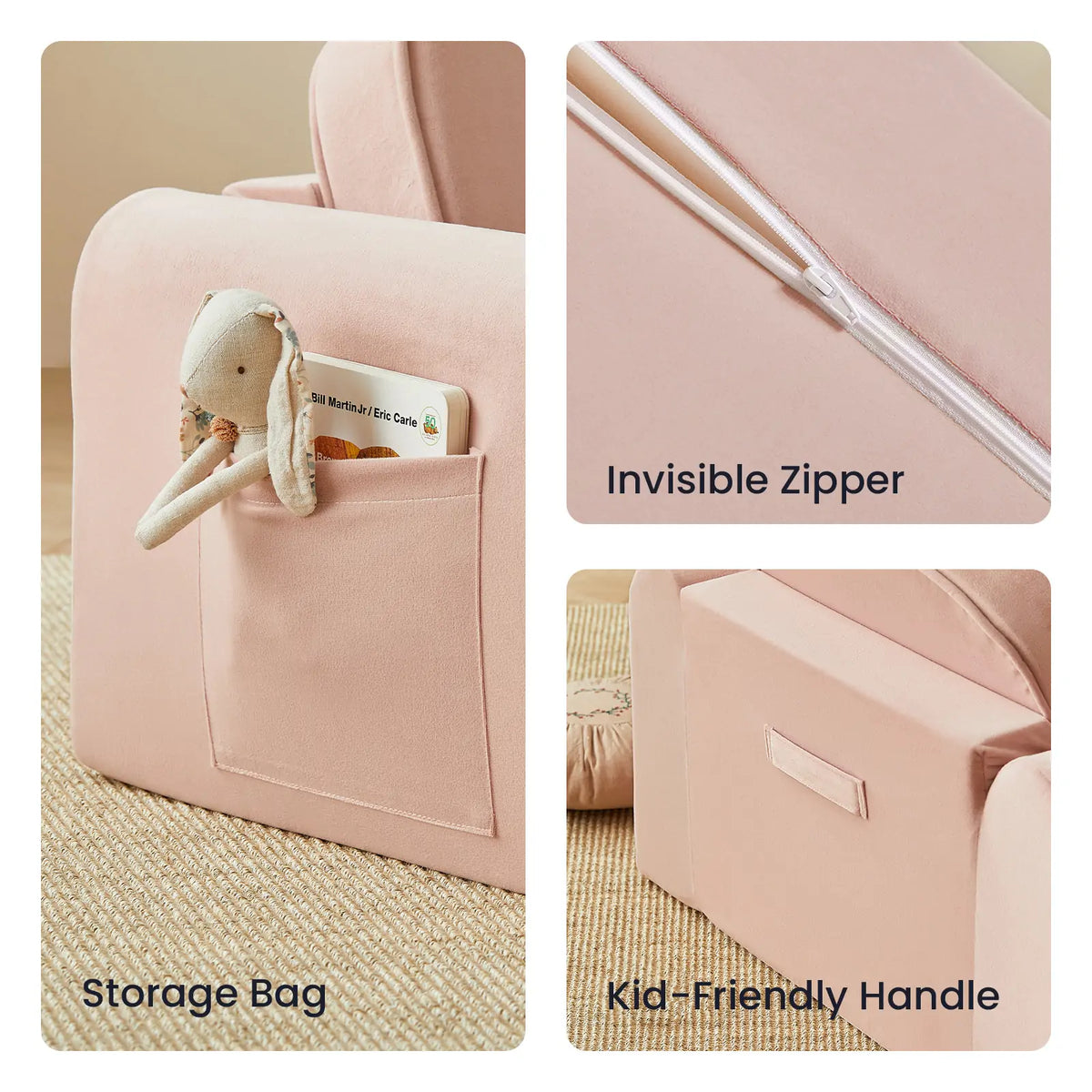 Tiny Land GentleSnug Kid Chair pink upholstery with storage pocket holding a plush bunny, zipper detail on Tampa Home & Garden Store
