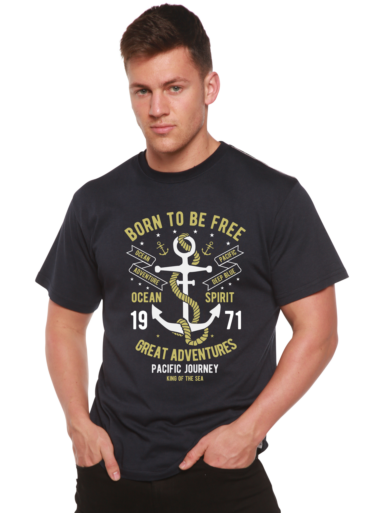 Born To Be Free men's bamboo viscose/organic cotton graphic tee on navy with anchor print on Tampa Home & Garden Store