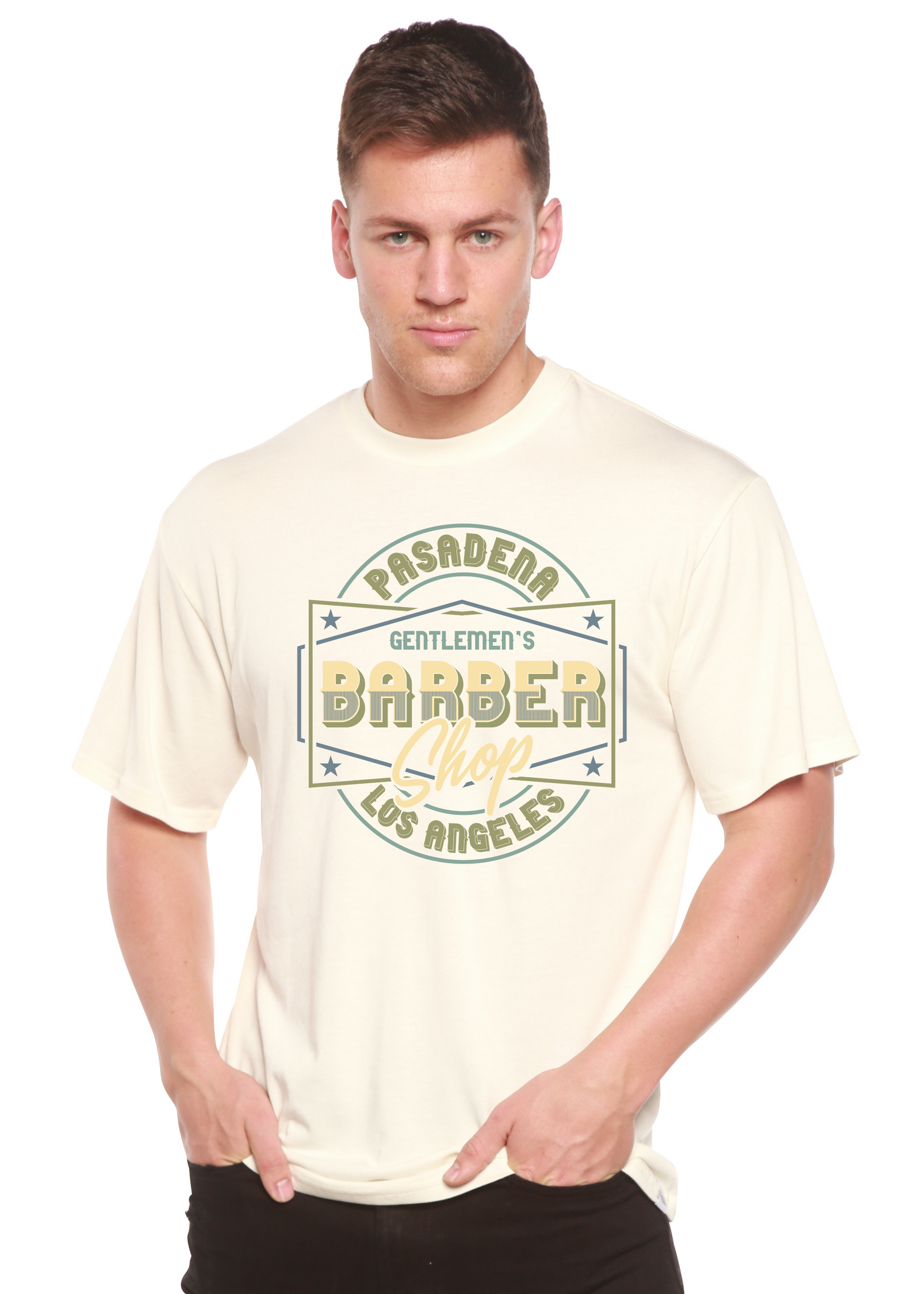 Gentlement's Barber Shop graphic T-shirt in cream bamboo viscose/organic cotton by Spun Bamboo on Tampa Home & Garden Store