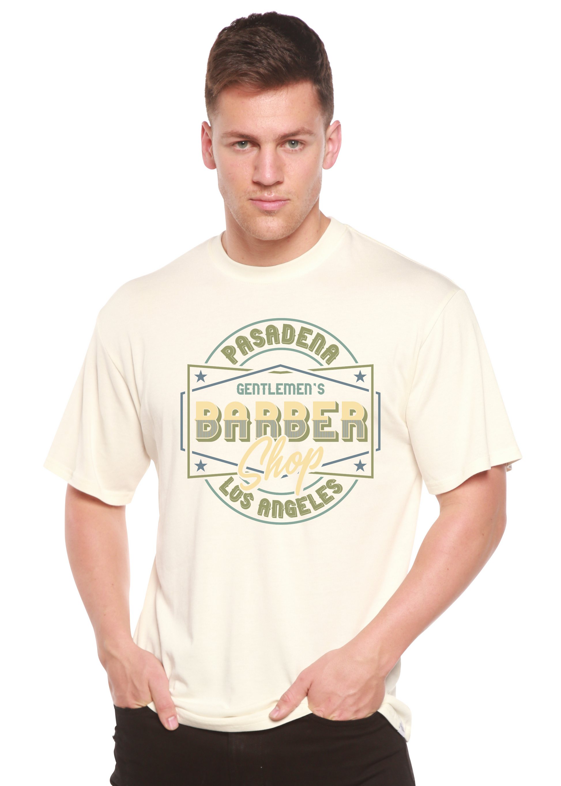 Gentlement's Barber Shop graphic T-shirt in cream bamboo viscose/organic cotton by Spun Bamboo on Tampa Home & Garden Store